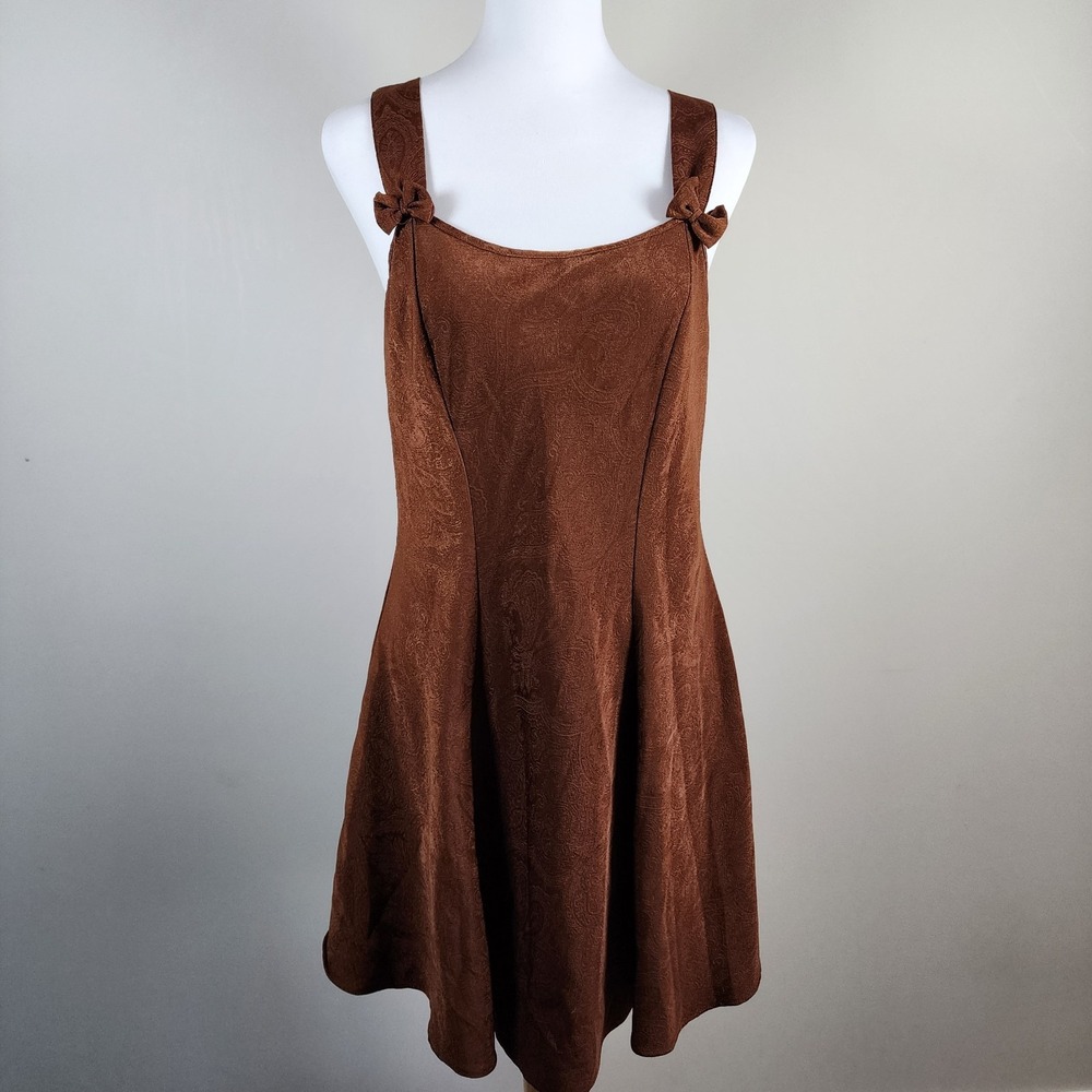 The Bay Y2K Mini Dress Womens Medium Brown Jacquard Paisley Bows ‎ Swing A Line